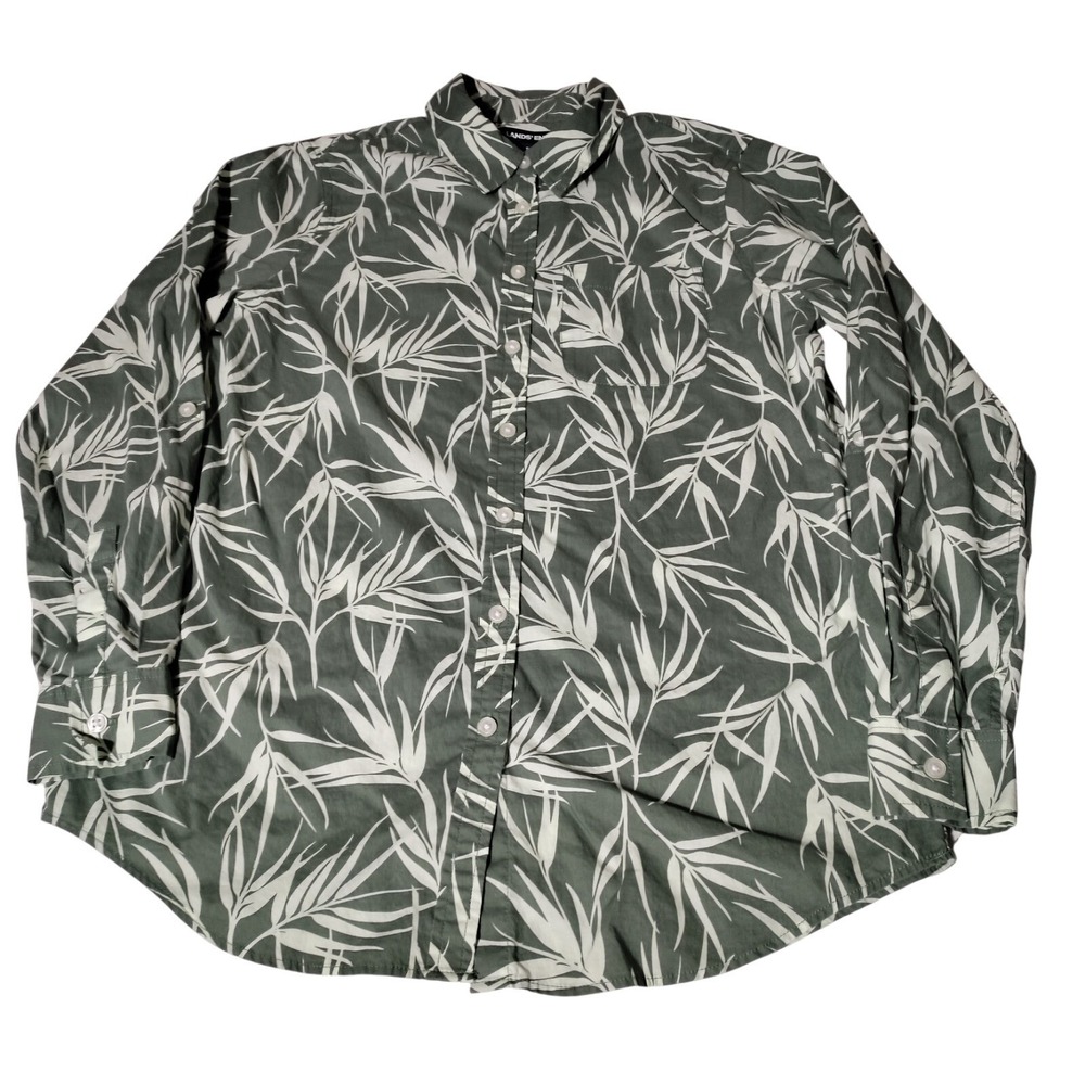 Lands End Shirt Womens Sz  S Green White Palms Long Sleeve Roll Tab Button Up